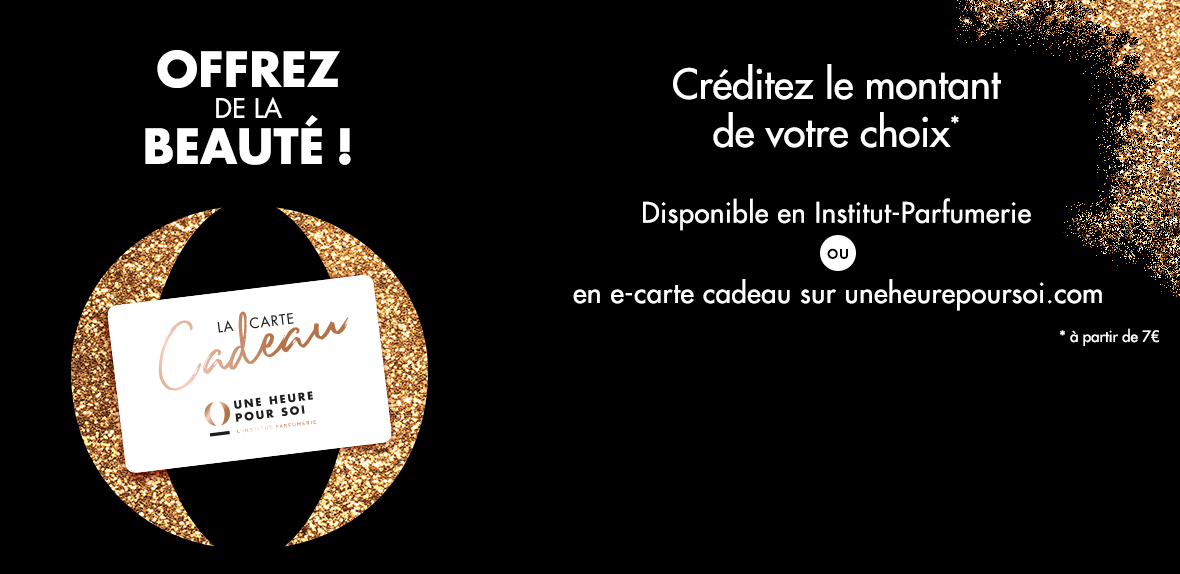 Offrez de la beauté ! Créditez le montant de votre choix (à partir de 7€) sur la carte cadeau Une Heure Pour Soi disponible en Institut-Parfumerie ou en e-carte cadeau sur uhps-upgrade.zento-shop.fr . Faites plaisir en beauté : pratqiue, personnalisable et polyvalente, la carte cadeau est le sans-faute assuré, quelle que soit l'occasion.